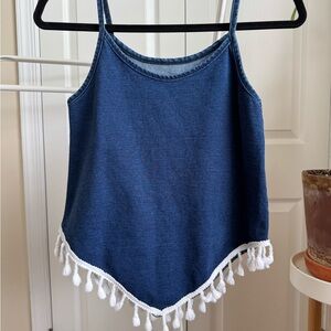 Blue Denim Tank Top with Tassel Hem